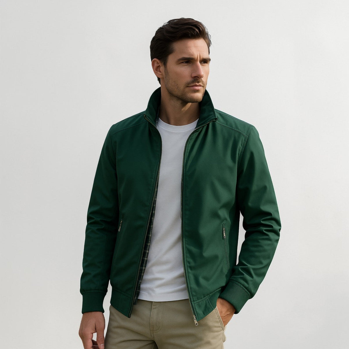 Men's Stand-Up Collar Bomber Jacket with Zip Closure