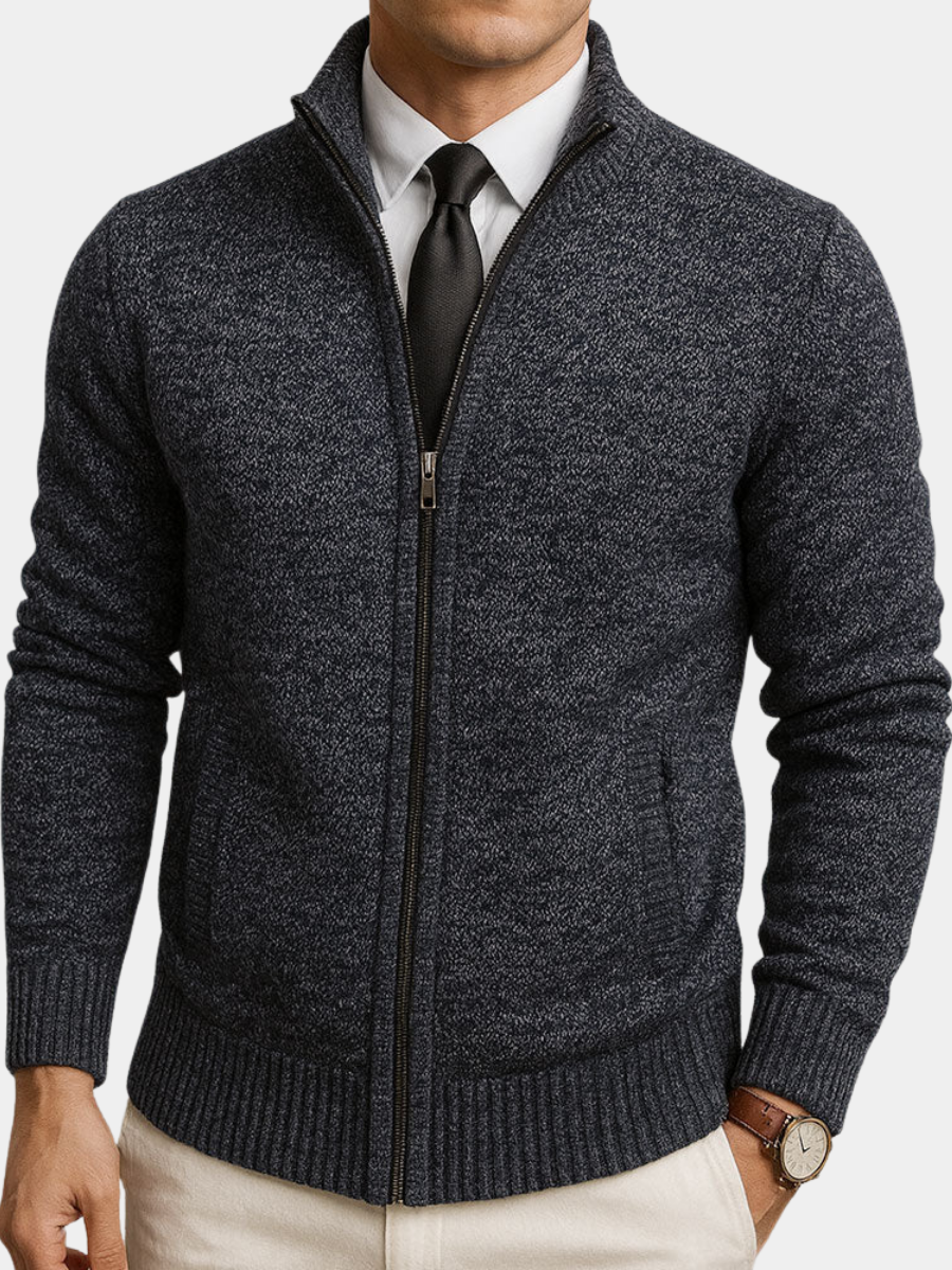 Men's Long Sleeve Cardigan with Stand-Up Collar and Zip Closure
