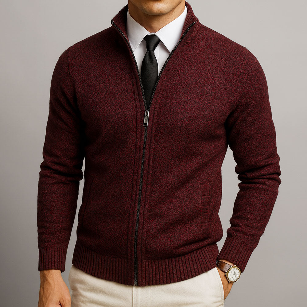 Men's Long Sleeve Cardigan with Stand-Up Collar and Zip Closure