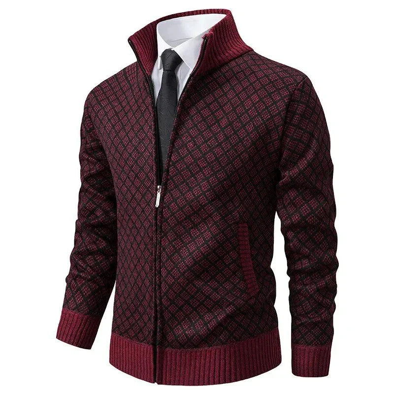Men's Check Pattern Zip-Up Cardigan with Stand Collar