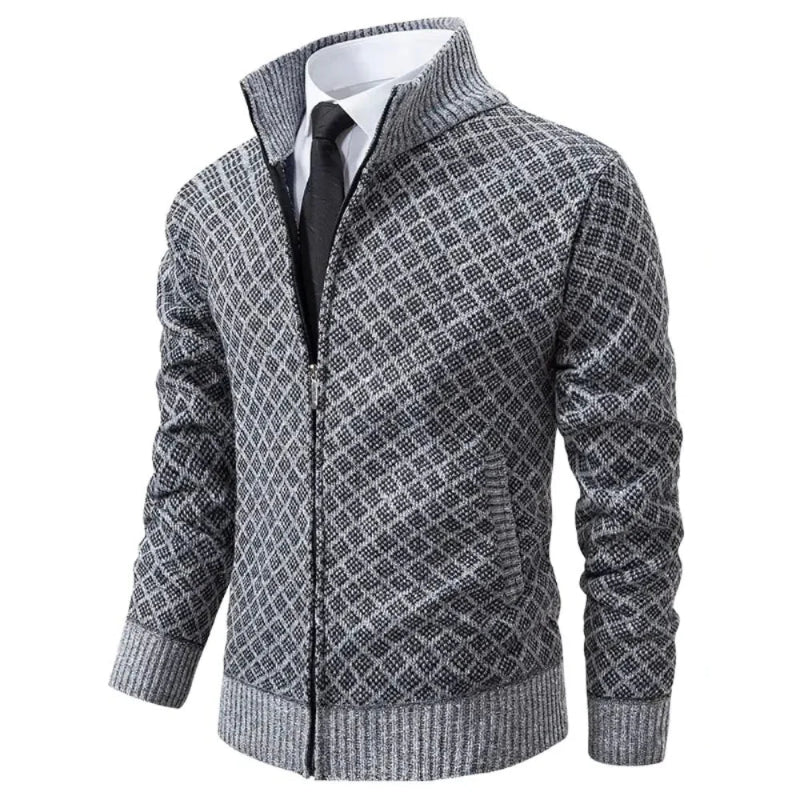 Men's Check Pattern Zip-Up Cardigan with Stand Collar
