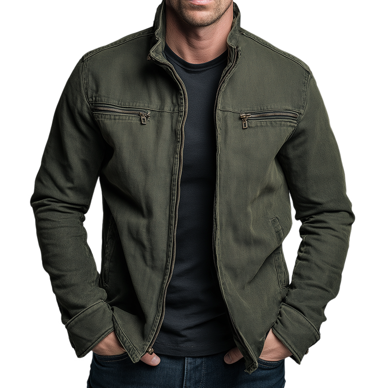 Vintage Style Men's Casual Jacket with Stand-Up Collar and Zip Closure