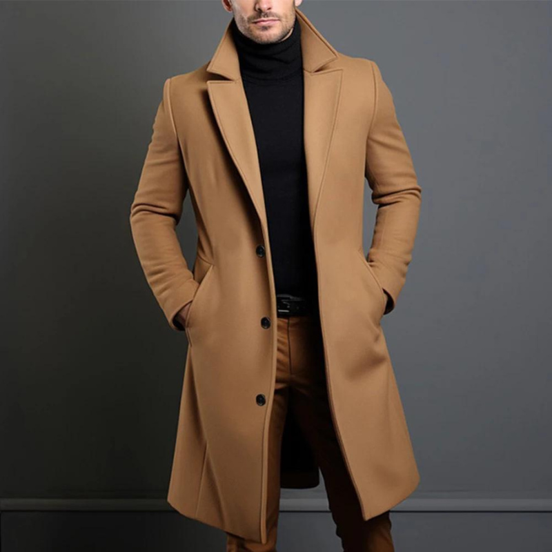 Men's Tailored Long Overcoat with Notch Lapel
