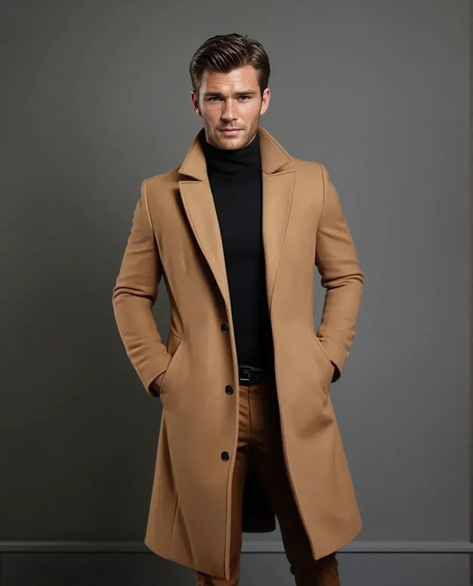Men's Tailored Long Overcoat with Notch Lapel