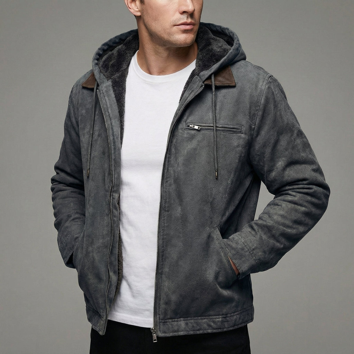 Men's Insulated Winter Jacket with Hood and Zipped Pockets