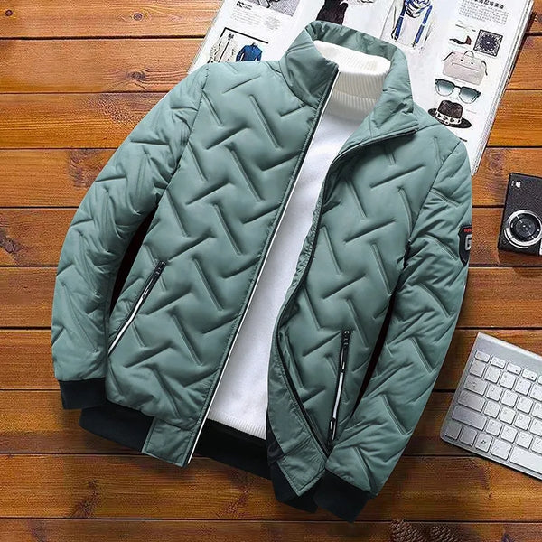 Men's Quilted Bomber Jacket with Stand-up Collar and Zip Pockets