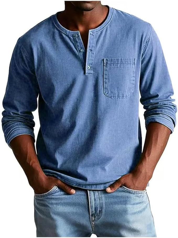 Men's Long Sleeve Henley Shirt Featuring Chest Pocket and Button Detail