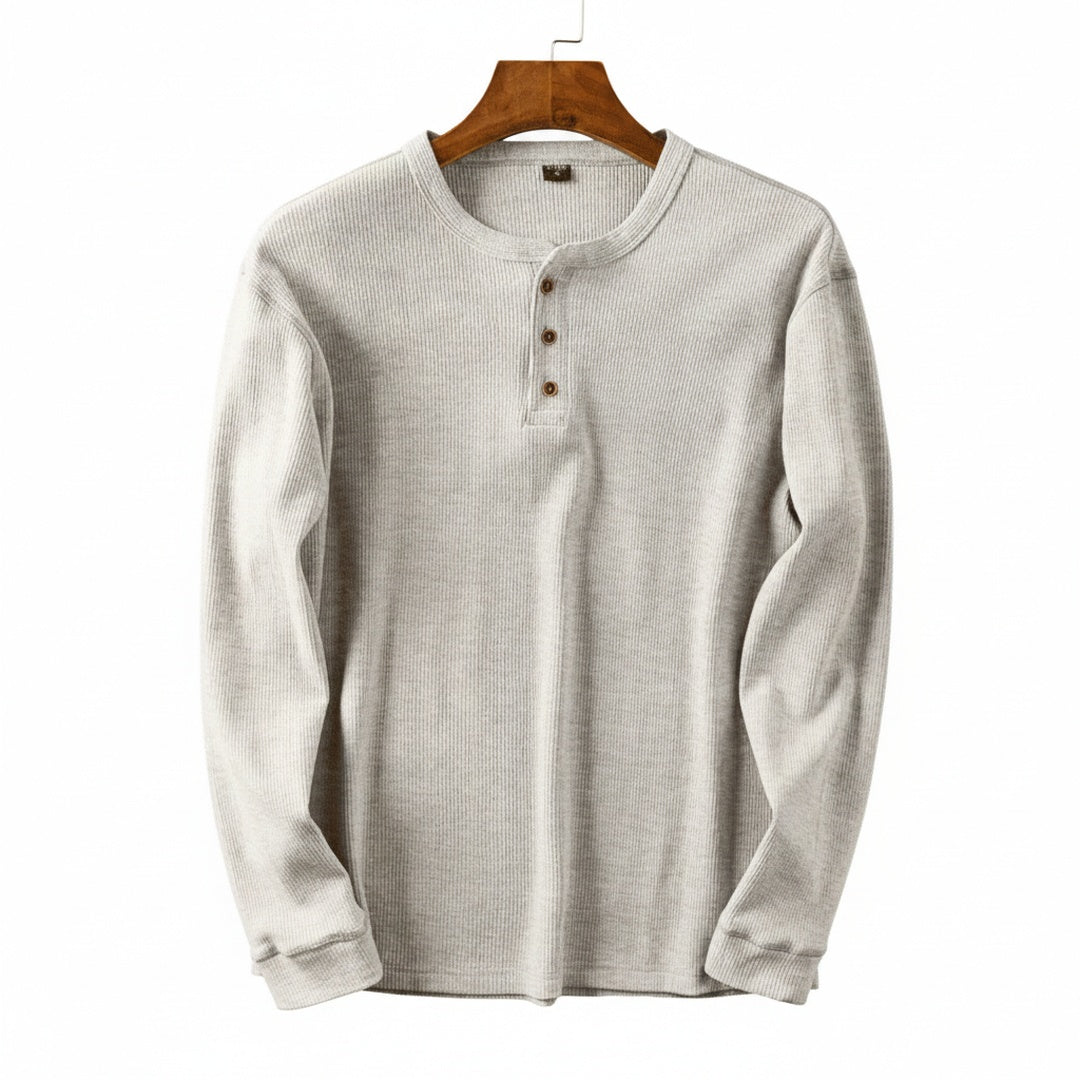 Men's Long Sleeve Button-Up Henley Shirt with Round Neck