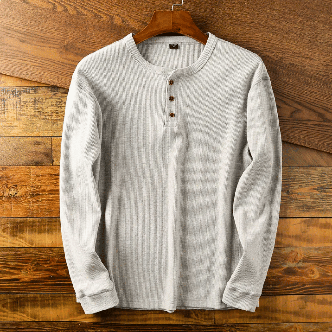 Men's Long Sleeve Button-Up Henley Shirt with Round Neck