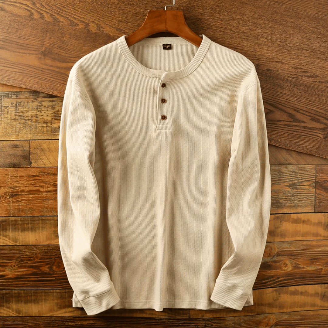 Men's Long Sleeve Button-Up Henley Shirt with Round Neck