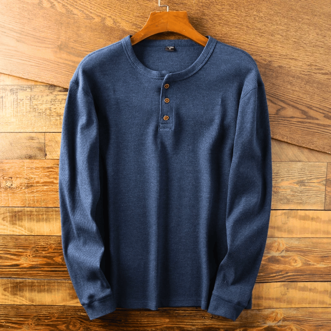 Men's Long Sleeve Button-Up Henley Shirt with Round Neck