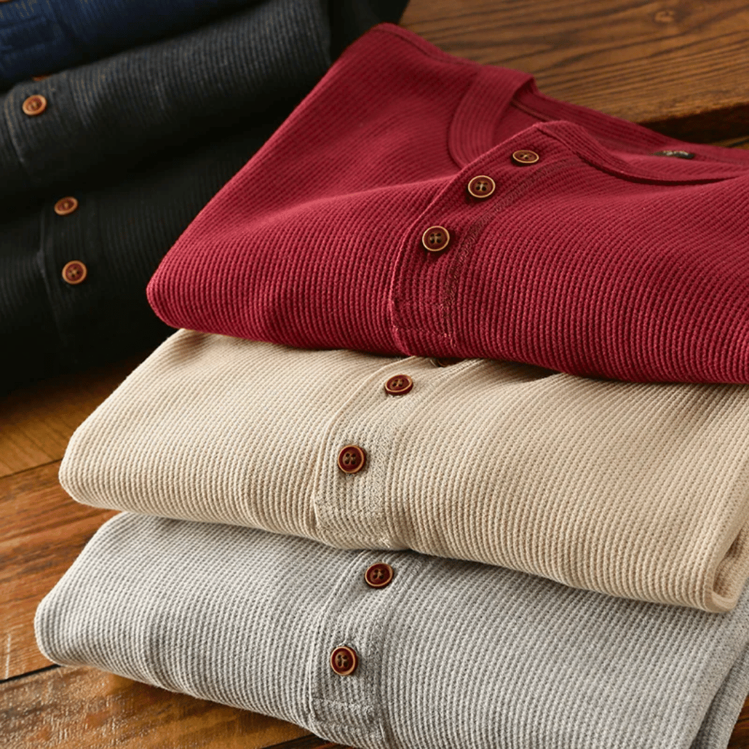 Men's Long Sleeve Button-Up Henley Shirt with Round Neck