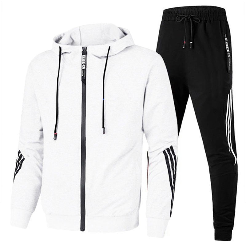 Men's Hooded Tracksuit with Zip and Striped Accents