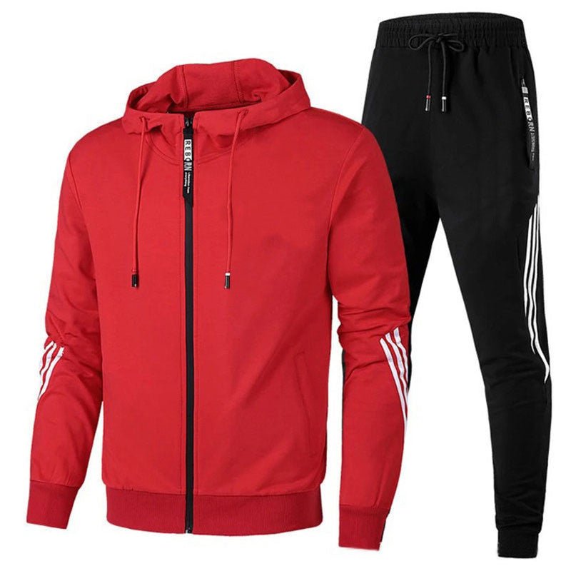 Men's Hooded Tracksuit with Zip and Striped Accents