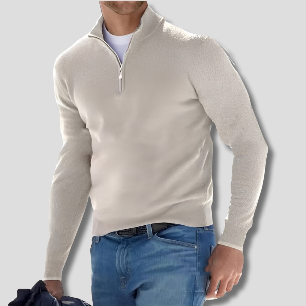 Men's Cotton Knitted Jumper with Zip Collar for Casual Style