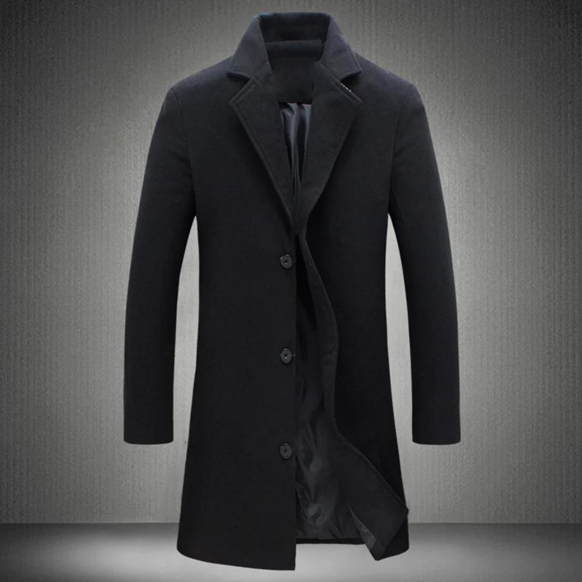 Men's Slim Fit Long Winter Coat with Notch Lapel and Button Closure