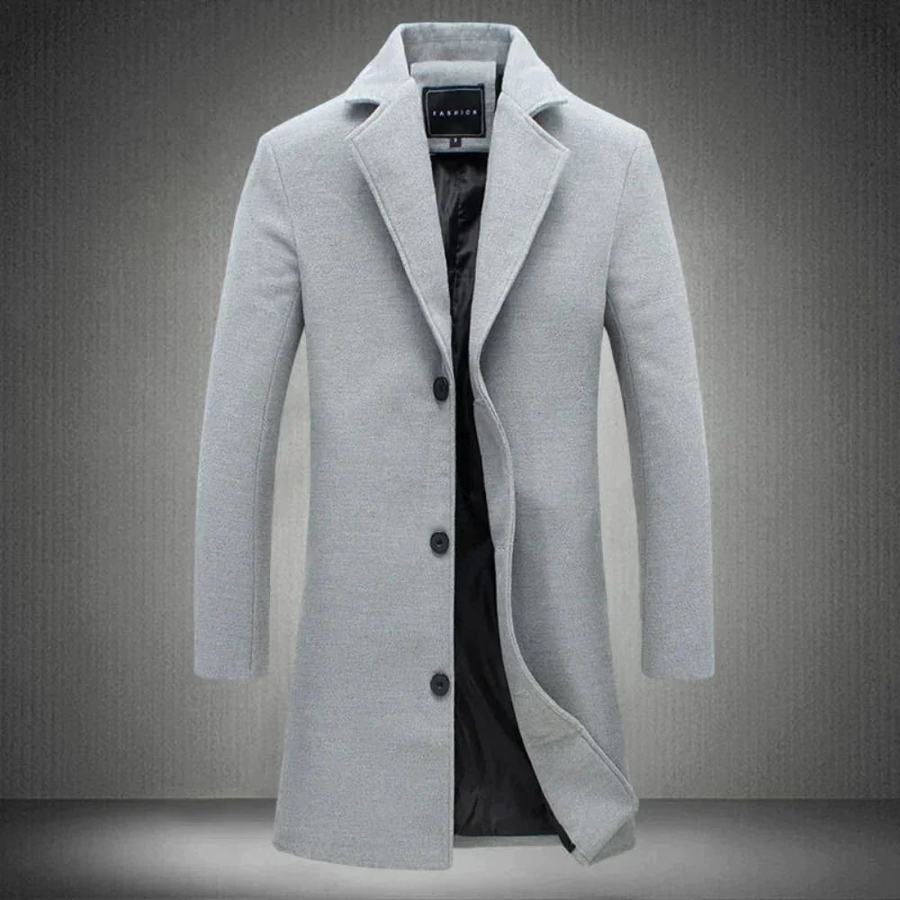 Men's Slim Fit Long Winter Coat with Notch Lapel and Button Closure