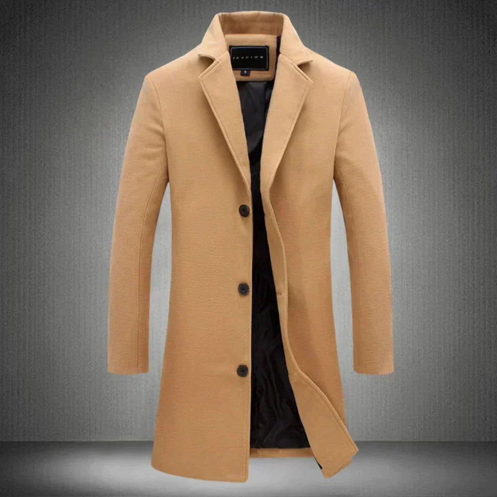 Men's Slim Fit Long Winter Coat with Notch Lapel and Button Closure
