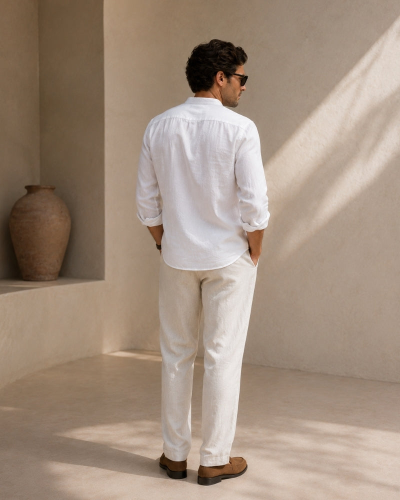 Heren Linnen Overhemd Mandarin Kraag