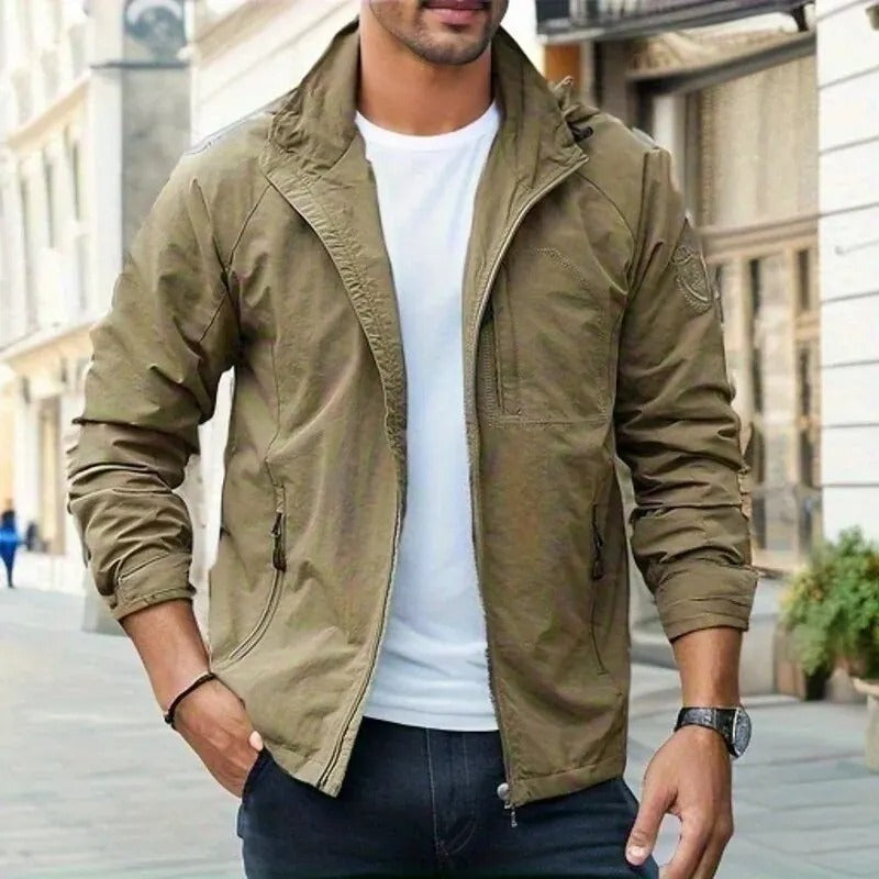 Men's Hooded Outdoor Jacket with Zippered Pockets