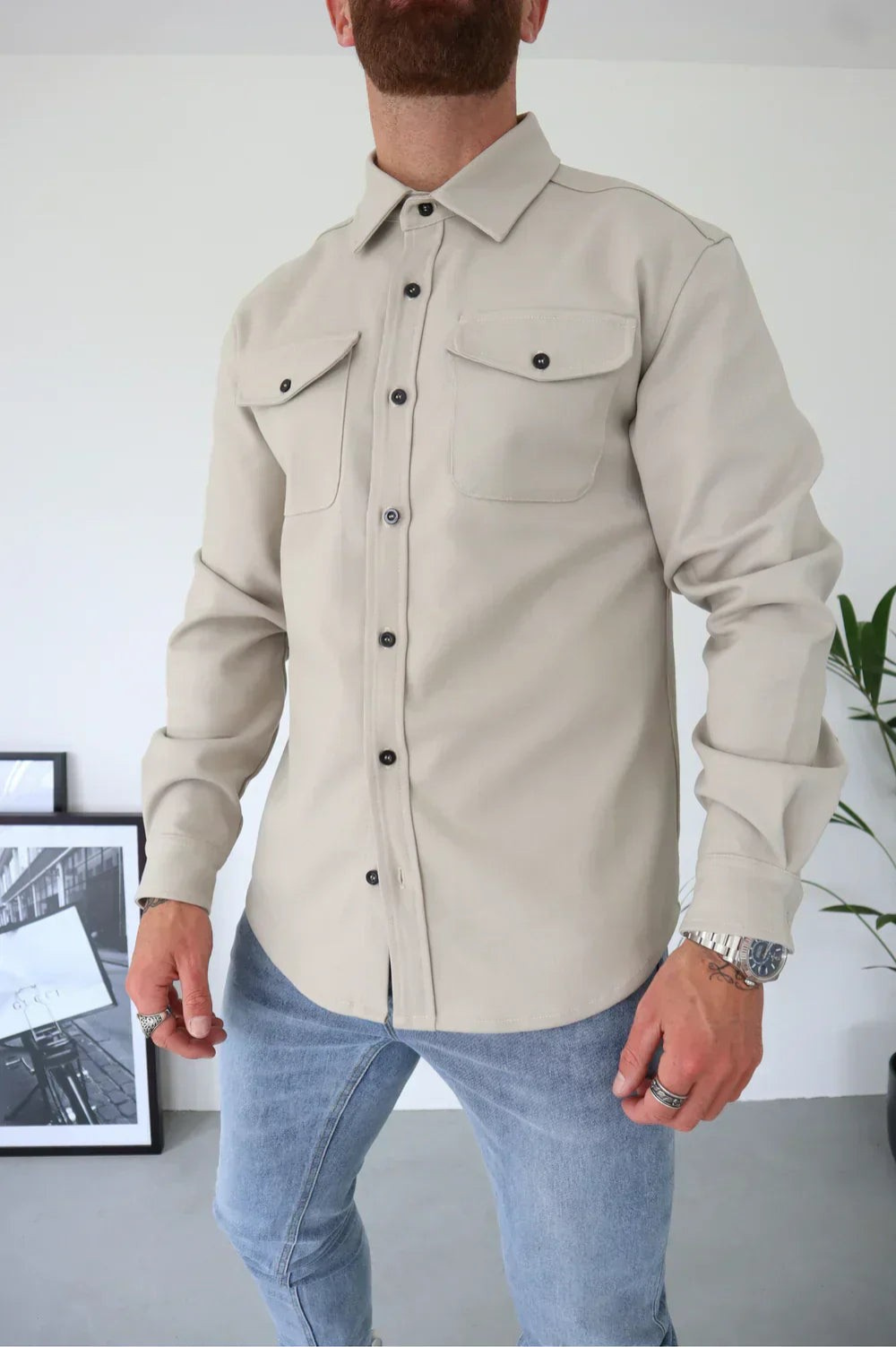 Men's Classic Collar Long Sleeve Overshirt with Chest Pockets