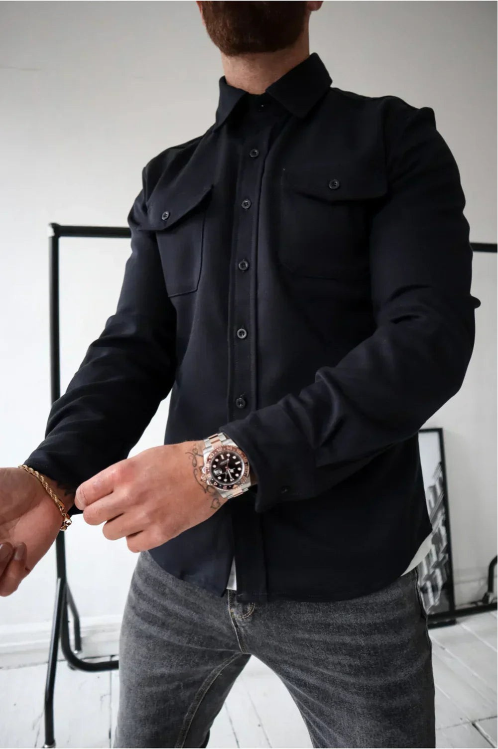 Men's Classic Collar Long Sleeve Overshirt with Chest Pockets
