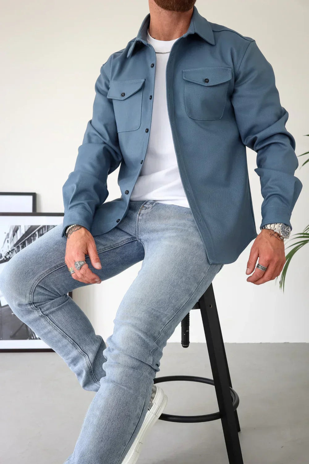 Men's Classic Collar Long Sleeve Overshirt with Chest Pockets