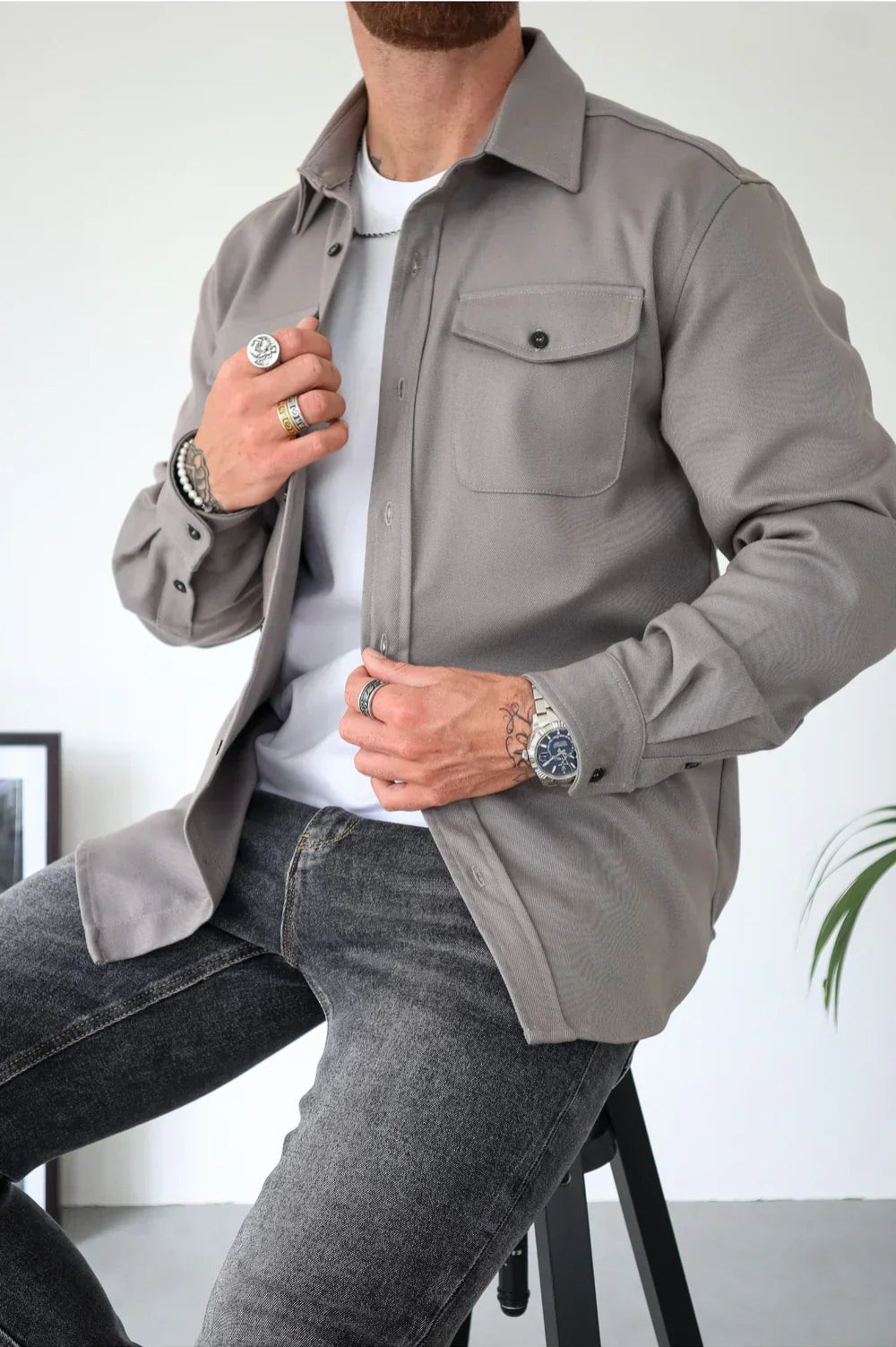 Men's Classic Collar Long Sleeve Overshirt with Chest Pockets