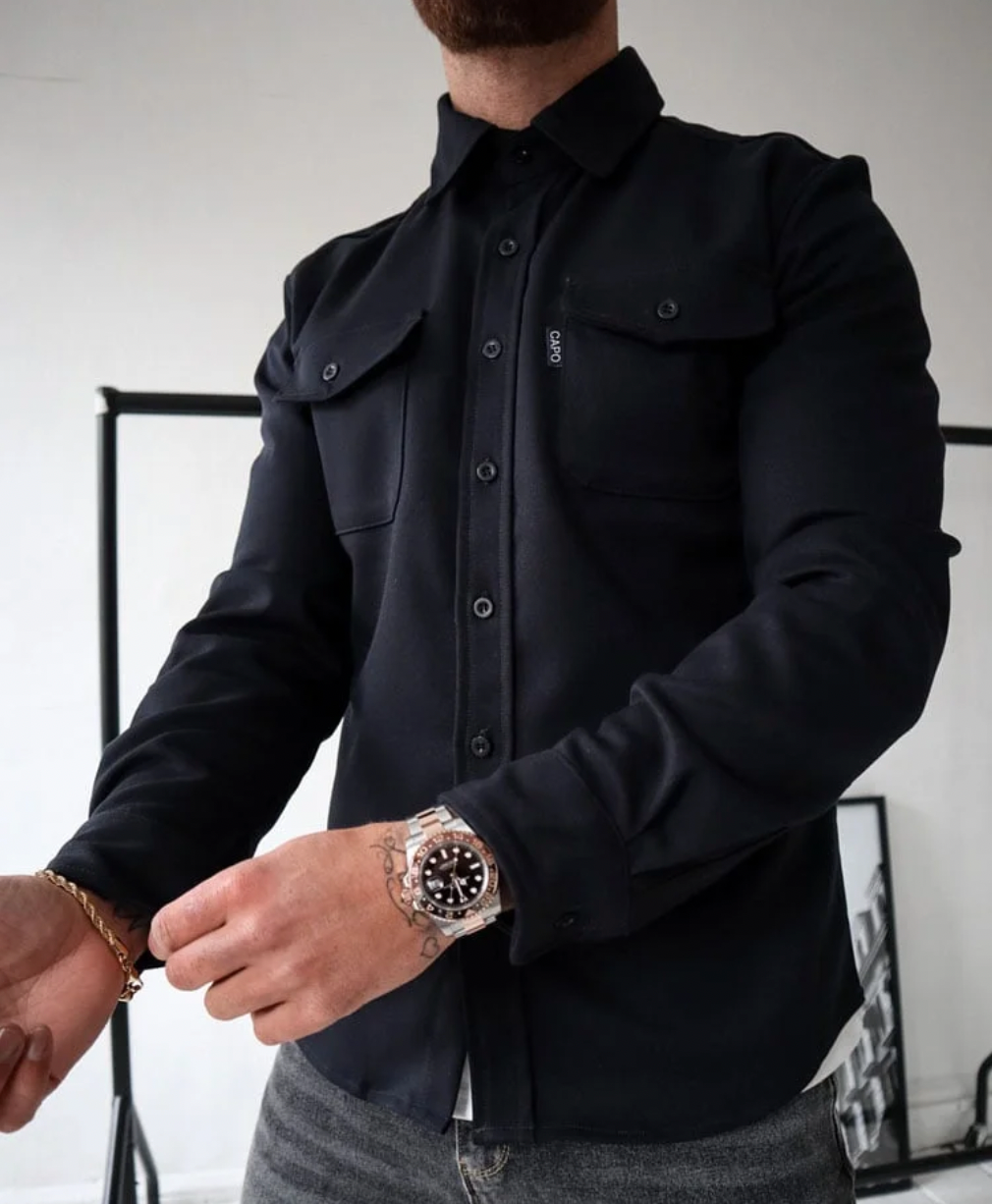 Men's Button-Up Long Sleeve Overshirt with Chest Pockets