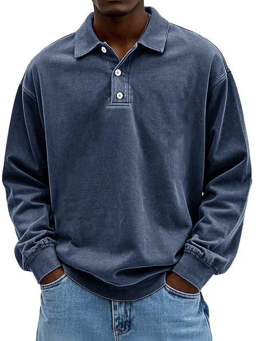 Men's Long Sleeve Polo Sweatshirt with Collar and Button Closure