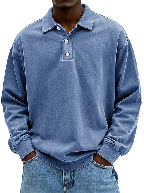 Men's Long Sleeve Polo Sweatshirt with Collar and Button Closure