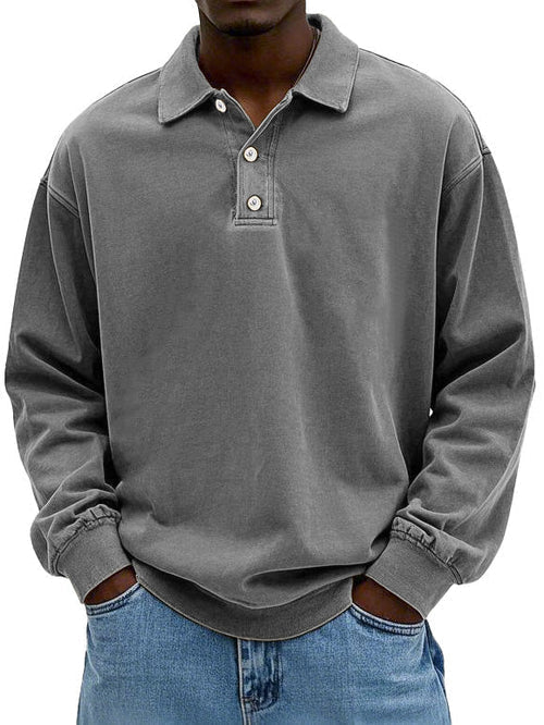 Men's Long Sleeve Polo Sweatshirt with Collar and Button Closure