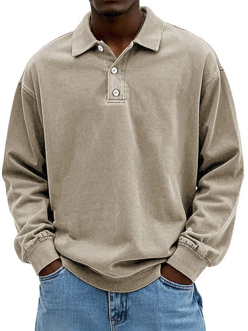 Men's Long Sleeve Polo Sweatshirt with Collar and Button Closure