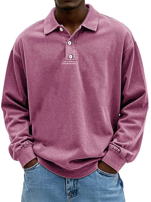 Men's Long Sleeve Polo Sweatshirt with Collar and Button Closure