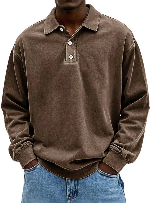 Men's Long Sleeve Polo Sweatshirt with Collar and Button Closure