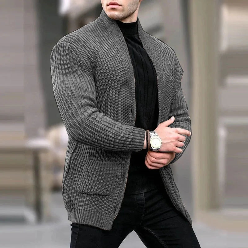 Men's Stylish Chunky Knit Cardigan with Shawl Collar and Spacious Pockets