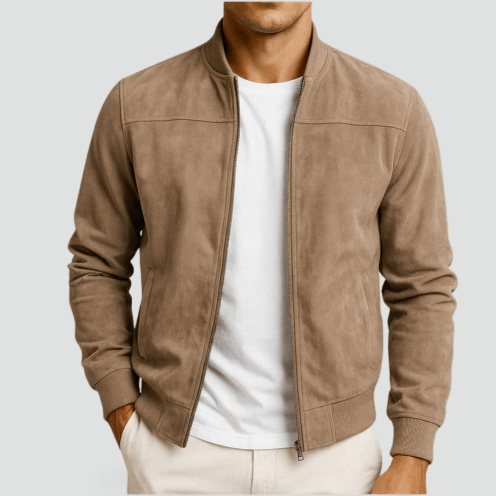 Men's Timeless Leather Bomber Jacket with Stand-Up Collar and Zipped Pockets