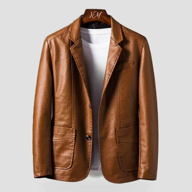 Men's Tailored Leather Blazer with Lapel Collar and Two Buttons