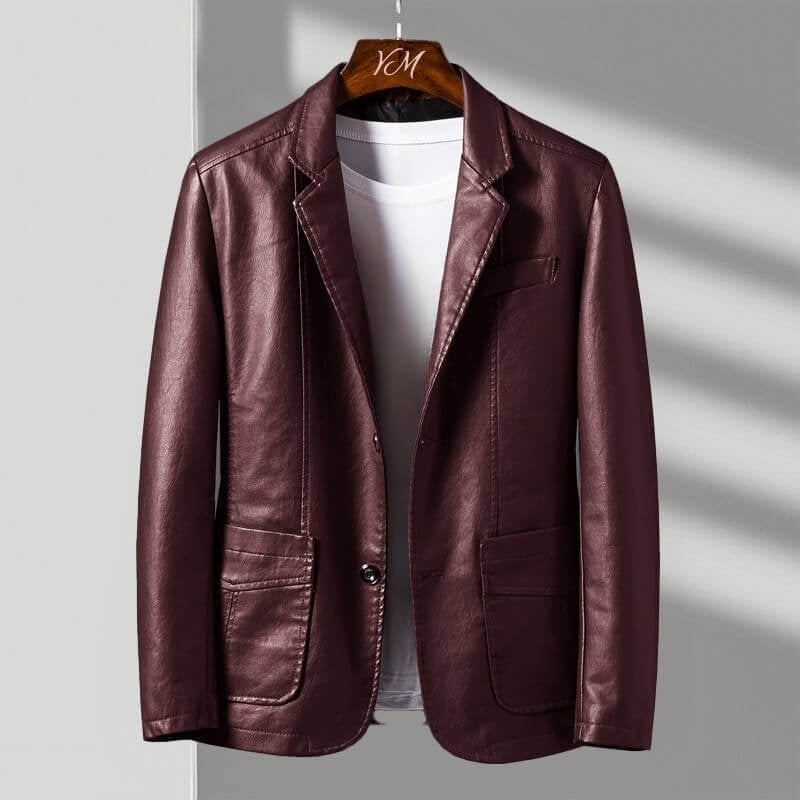 Men's Tailored Leather Blazer with Lapel Collar and Two Buttons