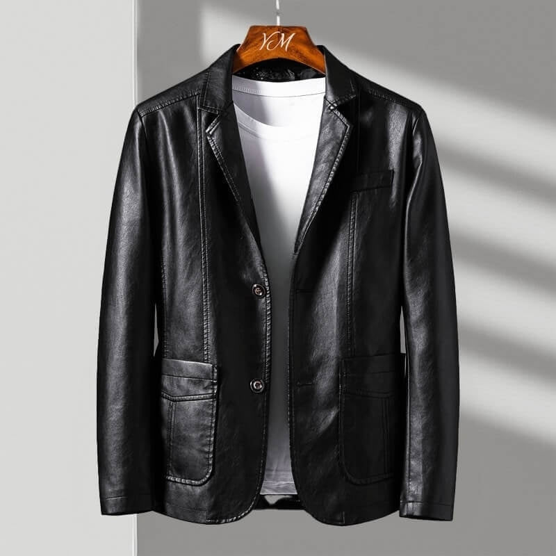 Men's Tailored Leather Blazer with Lapel Collar and Two Buttons