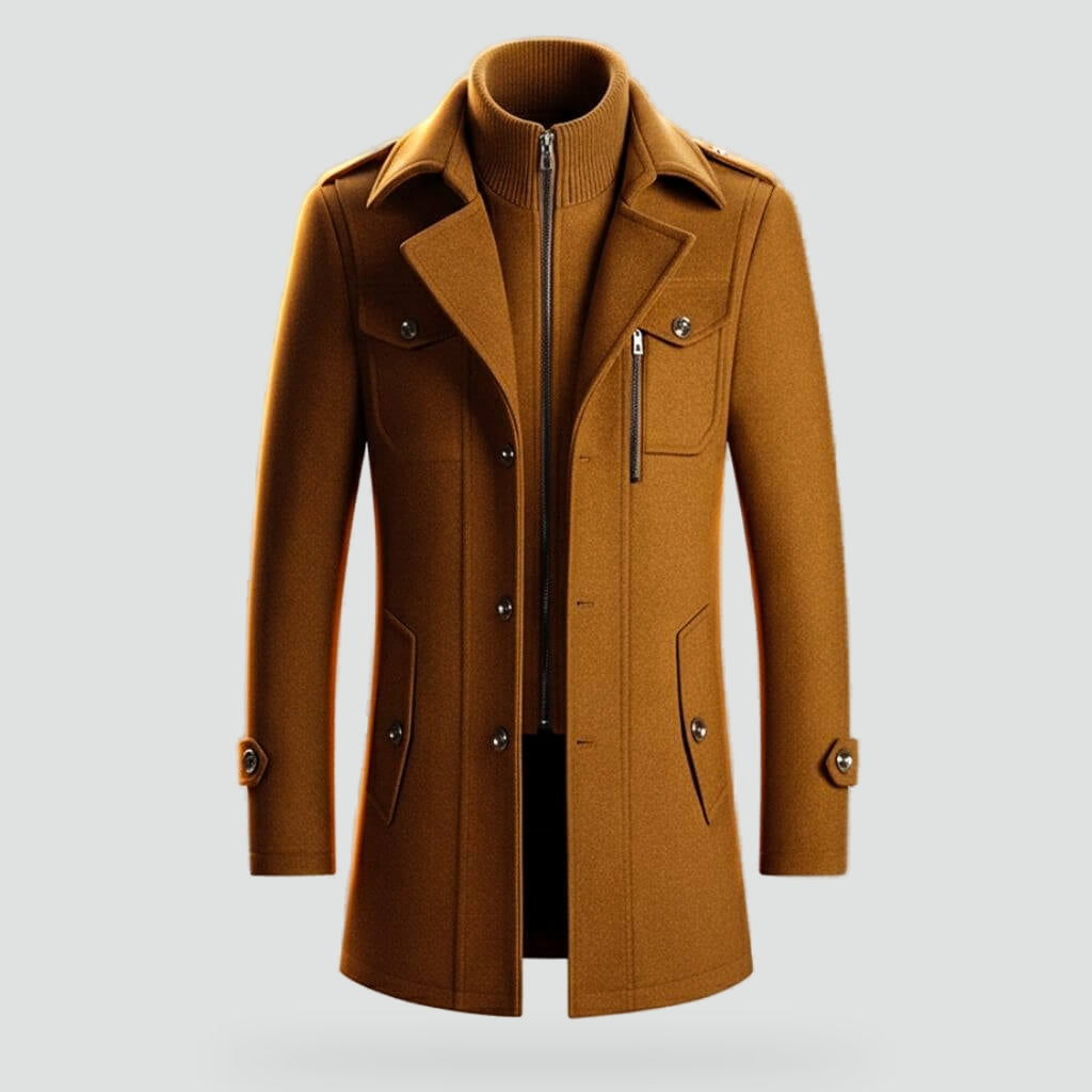 Men's Warm Wool Coat with Zip and Notched Collar