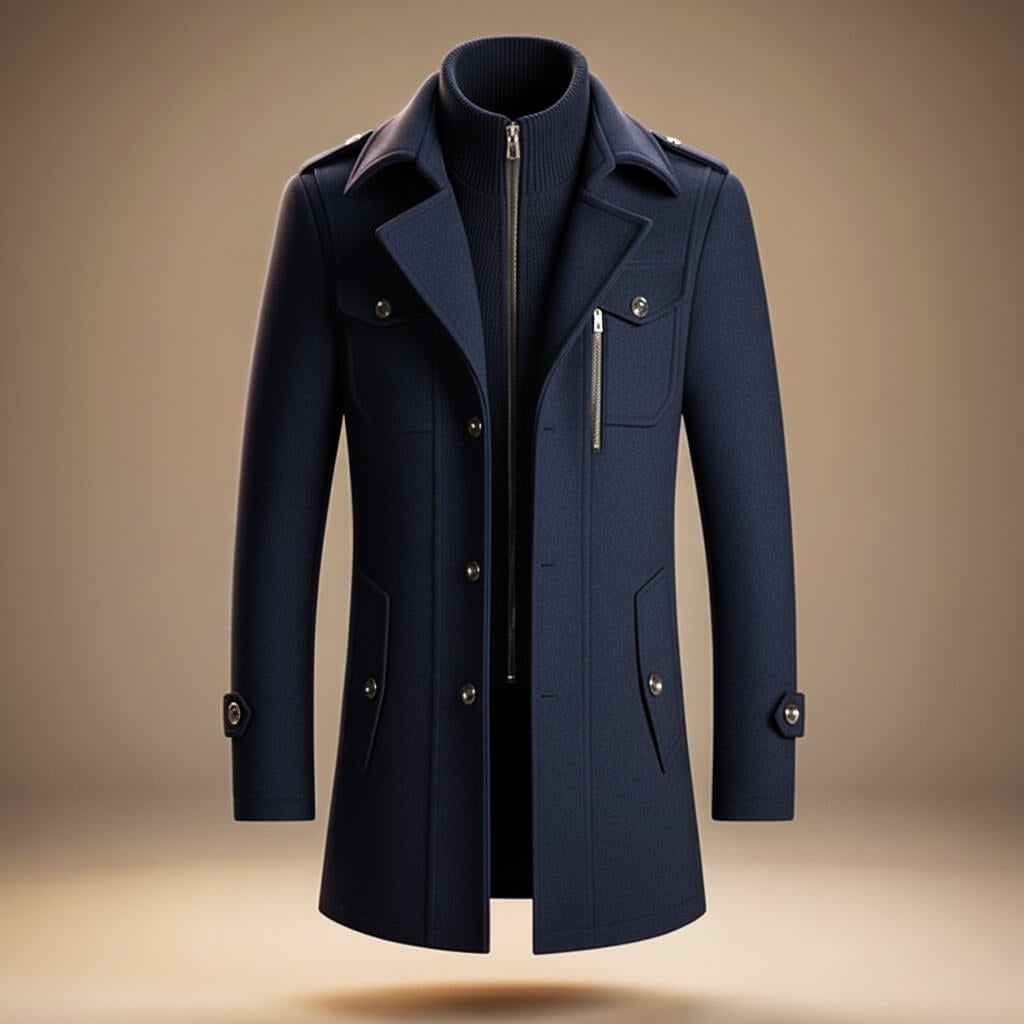 Men's Warm Wool Coat with Zip and Notched Collar
