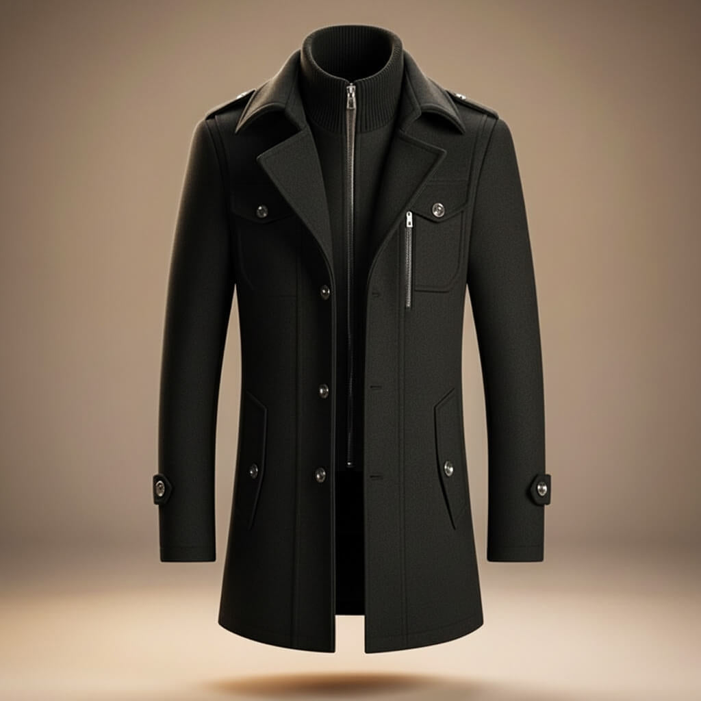 Men's Warm Wool Coat with Zip and Notched Collar