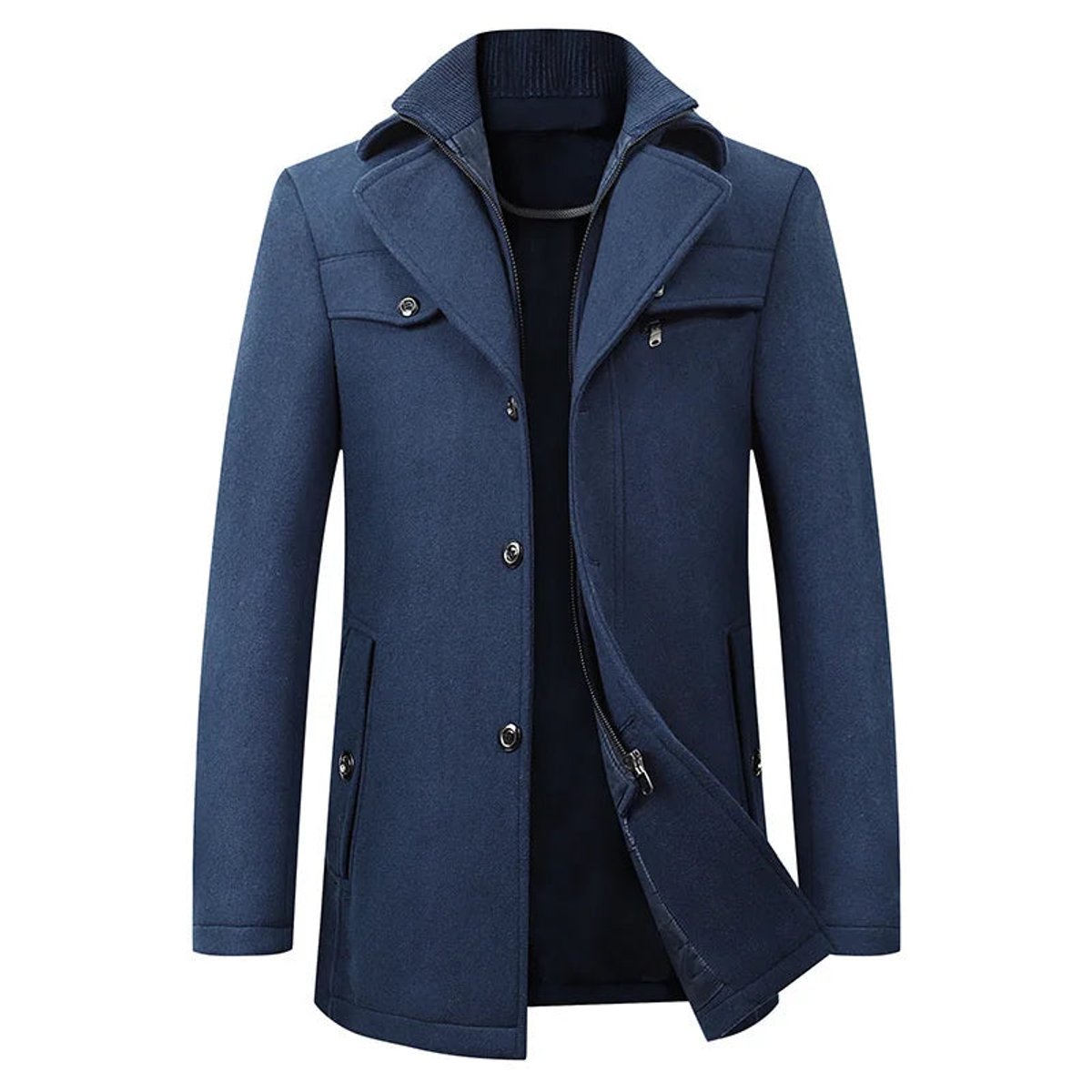 Men's Winter Coat featuring Double Collar, Zipper, and Button Placket