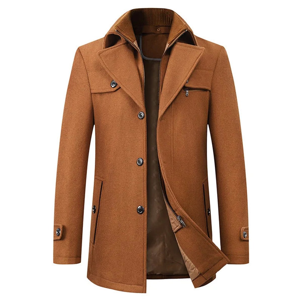 Men's Winter Coat featuring Double Collar, Zipper, and Button Placket