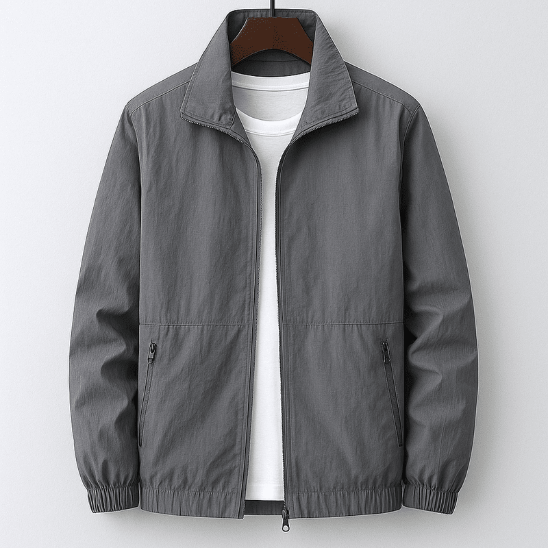 Men's Slim Fit Summer Jacket with Stand-Up Collar and Zip Closure