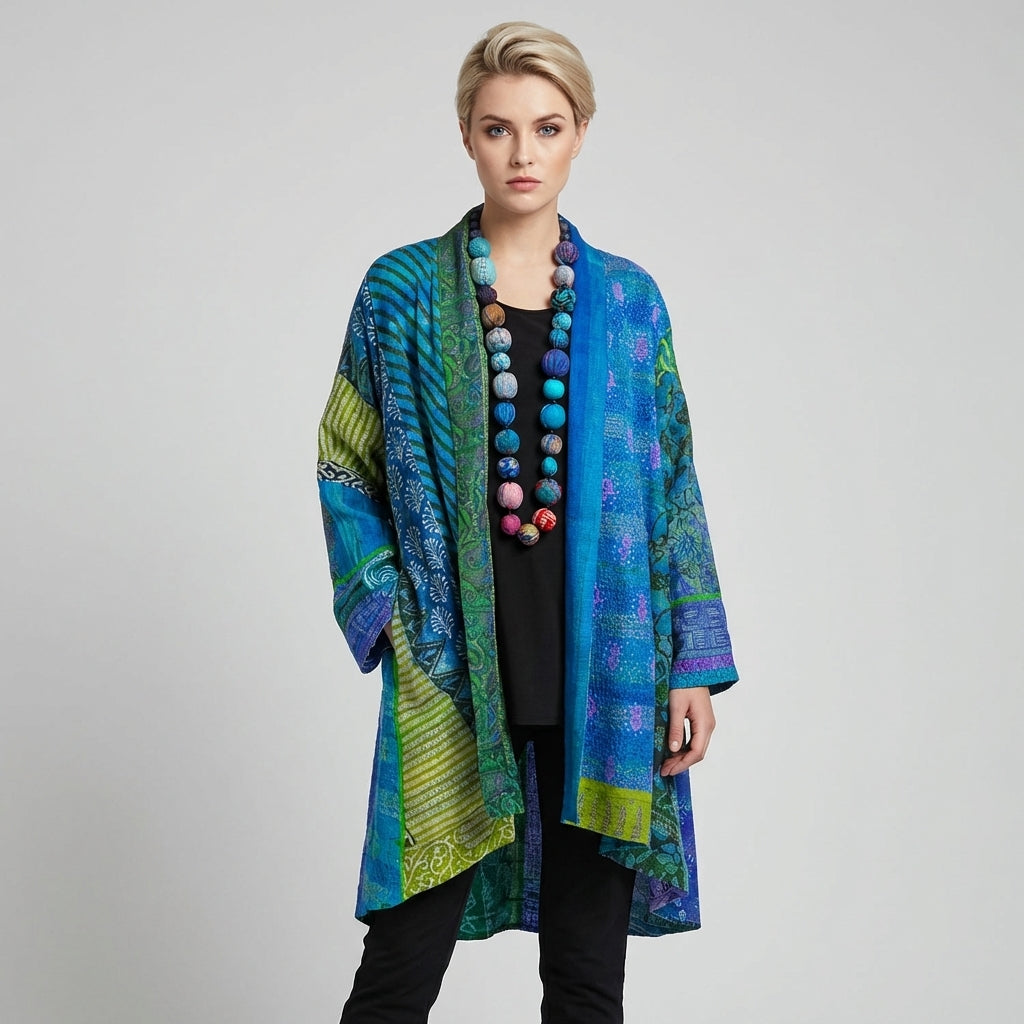 Multicolored Printed Open Front Kimono for Women