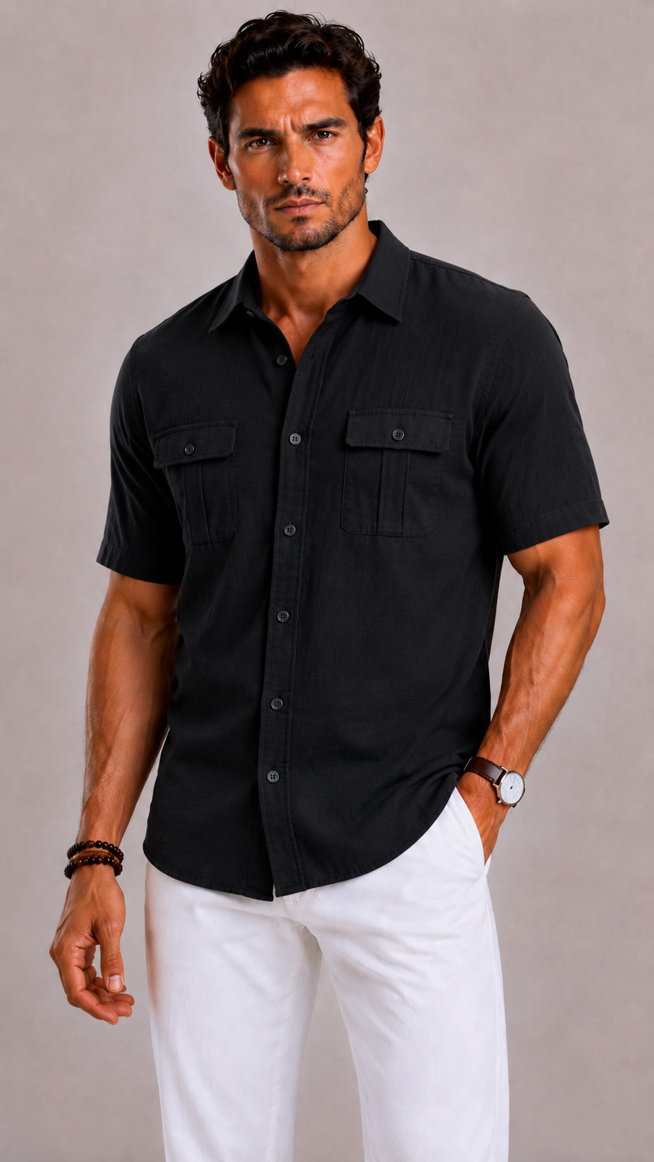 Men's Short Sleeve Shirt with Double Chest Pockets