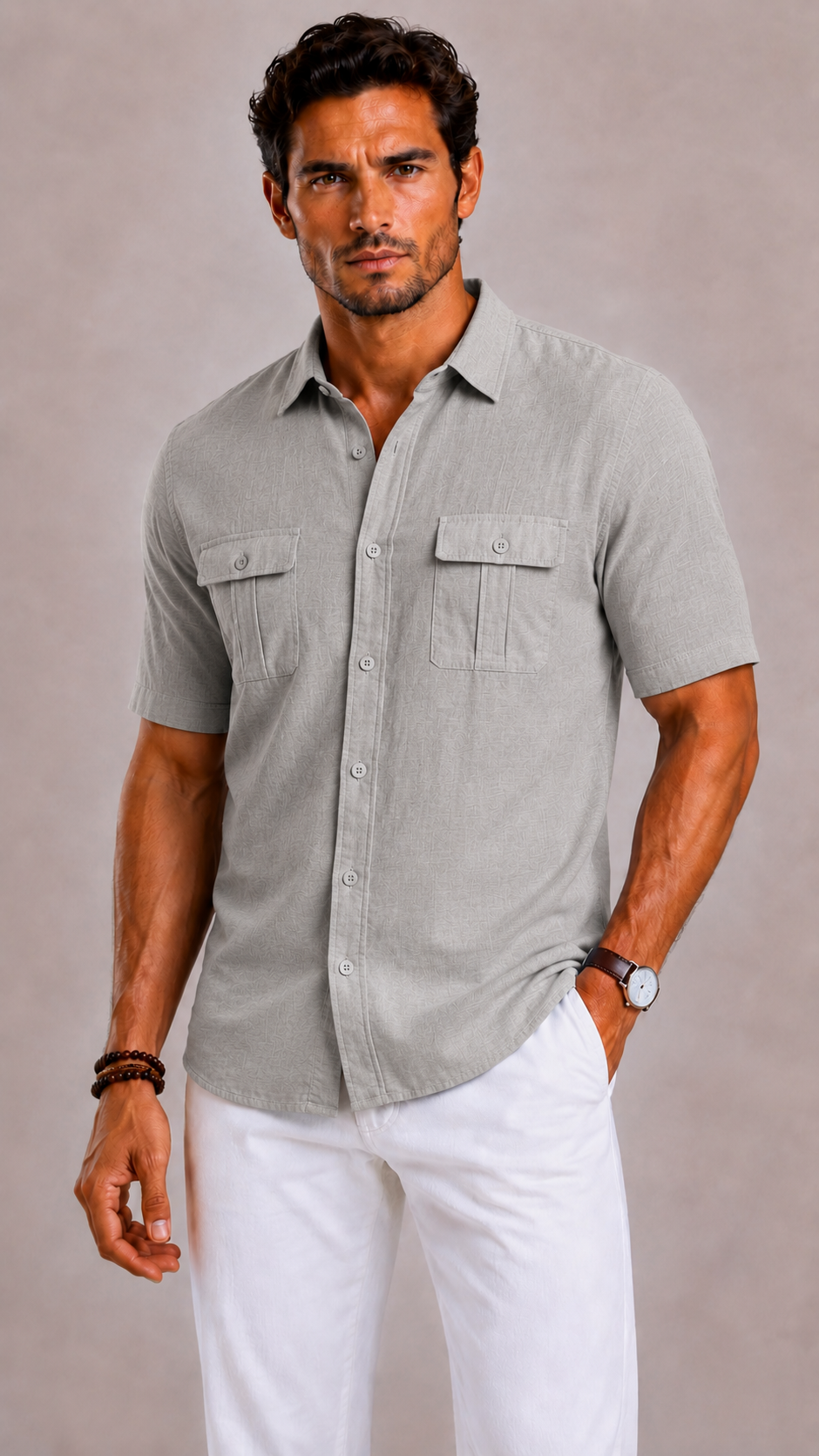 Men's Short Sleeve Shirt with Double Chest Pockets