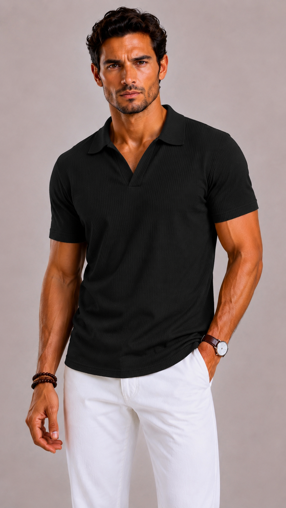 Men's Polo with Grid Structure and Short Sleeves